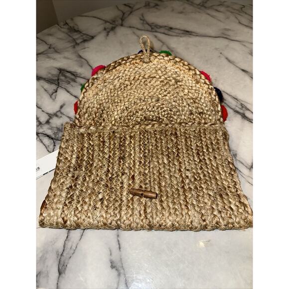 NWT America & Beyond Pom Pom Straw Clutch Handmade Upcycled Jute Straw Handbag - Picture 6 of 8